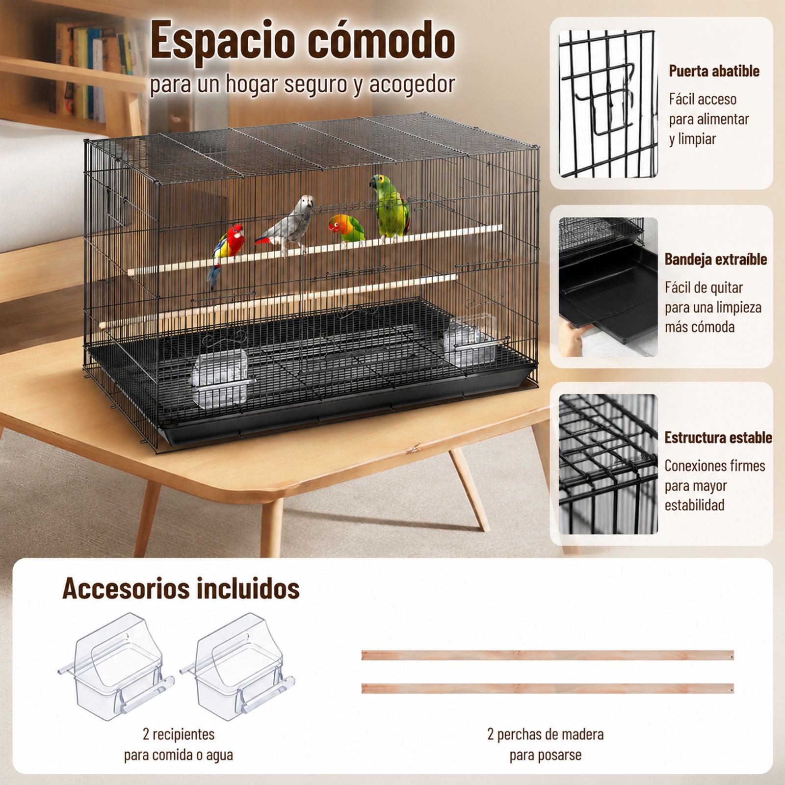 Jaula de vuelo metálica para pájaros pequeños, cacatúas y loros con asa lateral, bandeja extraíble, perchas y comederos