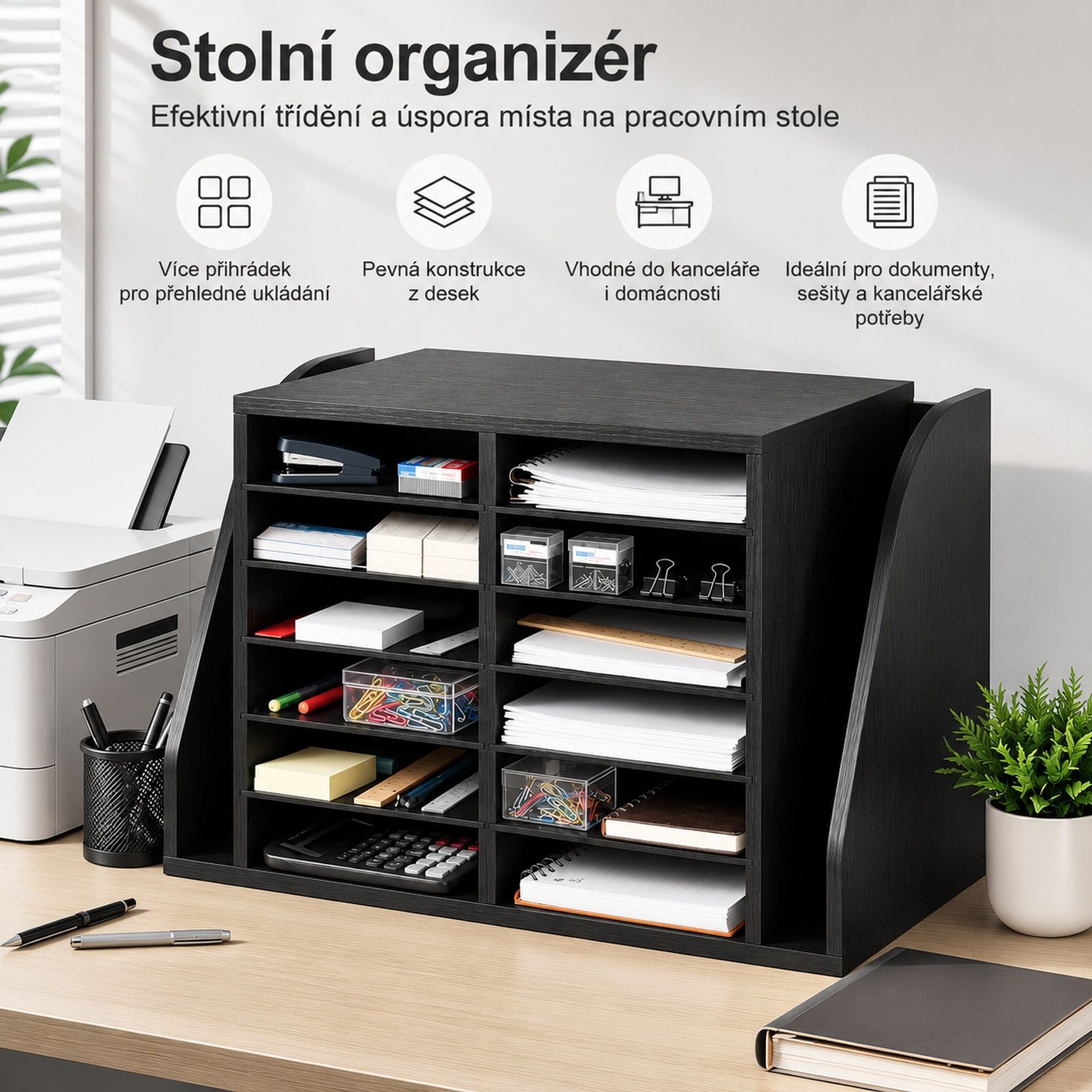 Black Particleboard Document Organizer with 12 Compartments and Vertical Folder Section for Office, Classroom, Books, Files and Paper
