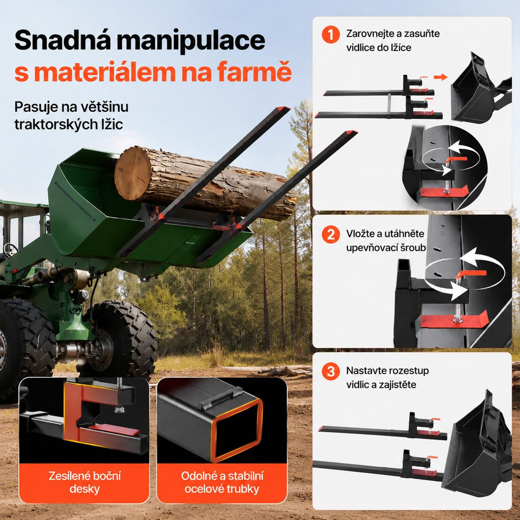 Clamp-On Pallet Forks with Adjustable Stabilizer Bar for Tractor Attachments, Loader Bucket and Skid Steer, Black