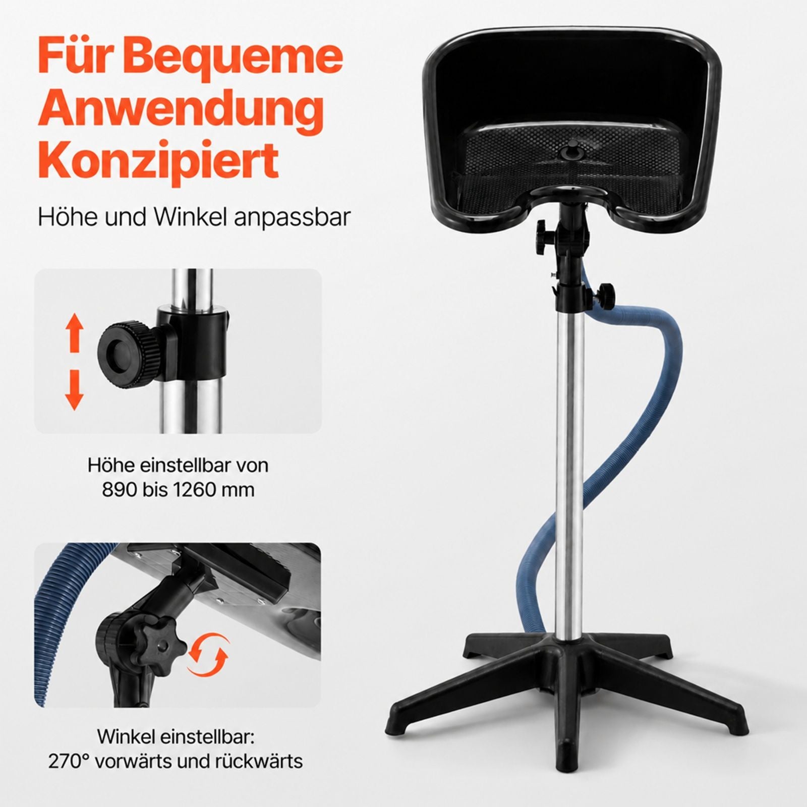 Mobiles Haarwaschbecken mit Standfuß, höhen- und winkelverstellbar, Ablaufschlauch für Friseursalon und Barbershop