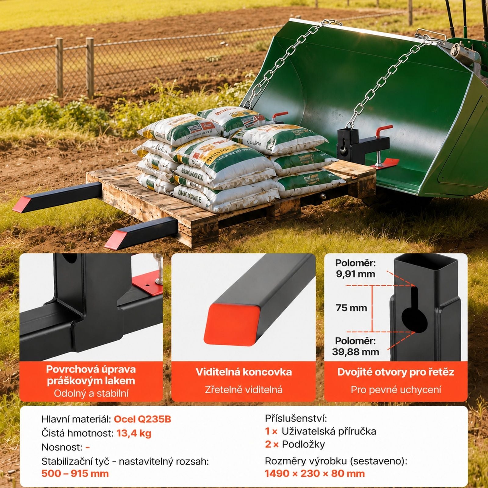 Clamp-On Pallet Forks with Adjustable Stabilizer Bar for Tractor Attachments, Loader Bucket and Skid Steer, Black