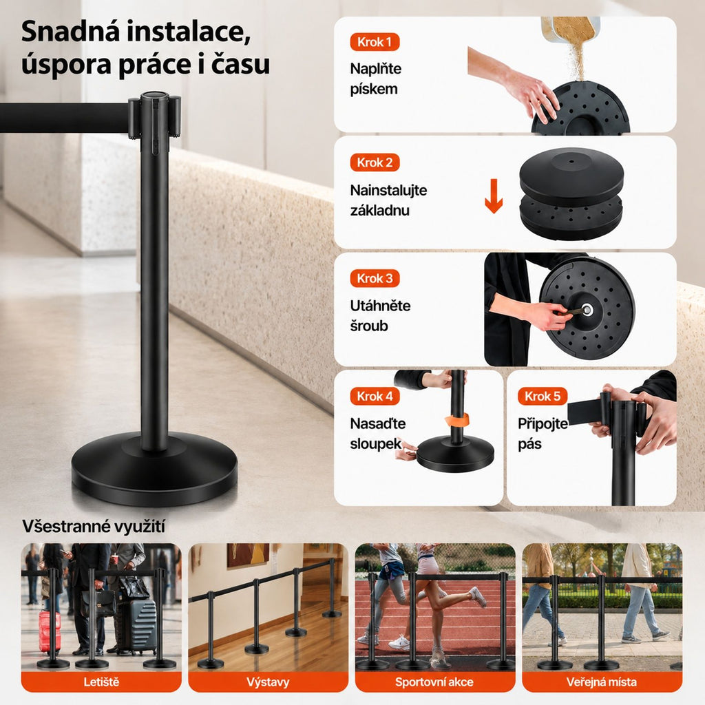 Set of 4 Black Queue Stanchions, Each with One Retractable Belt and Hollow Base for Sand Filling