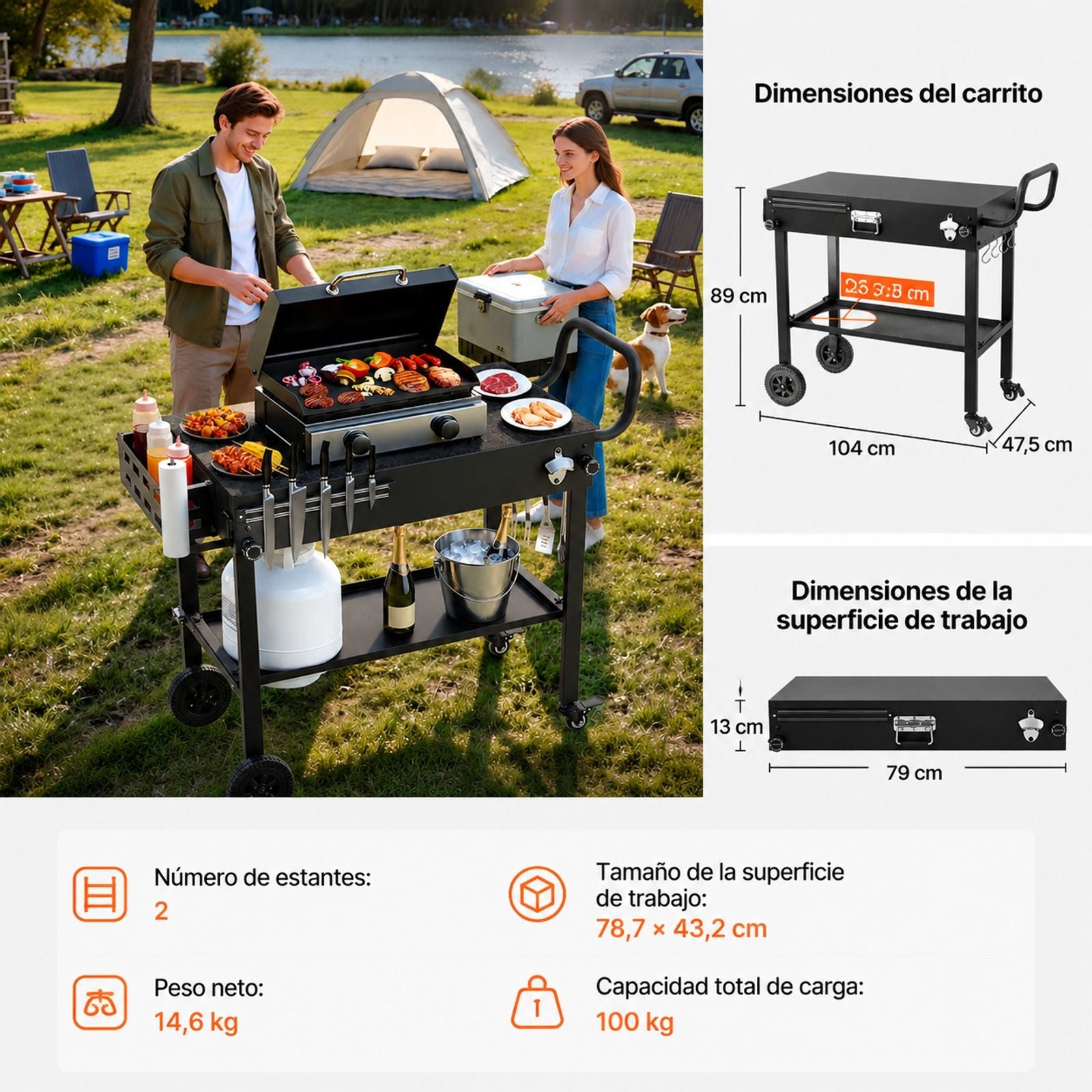 Carrito de barbacoa plegable con ruedas, portarrollos y soporte magnético para herramientas, para jardín, picnic o cocina
