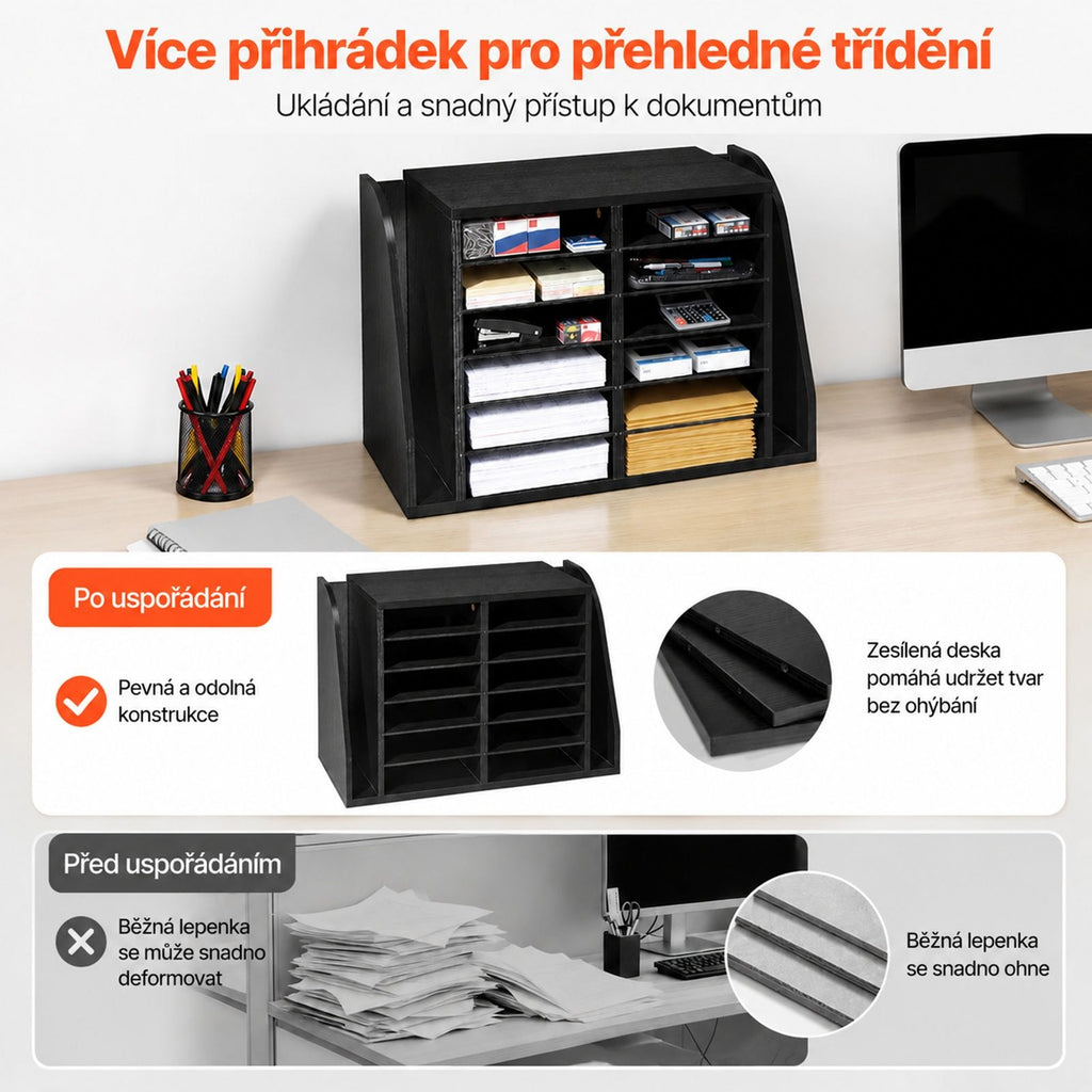 Black Particleboard Document Organizer with 12 Compartments and Vertical Folder Section for Office, Classroom, Books, Files and Paper