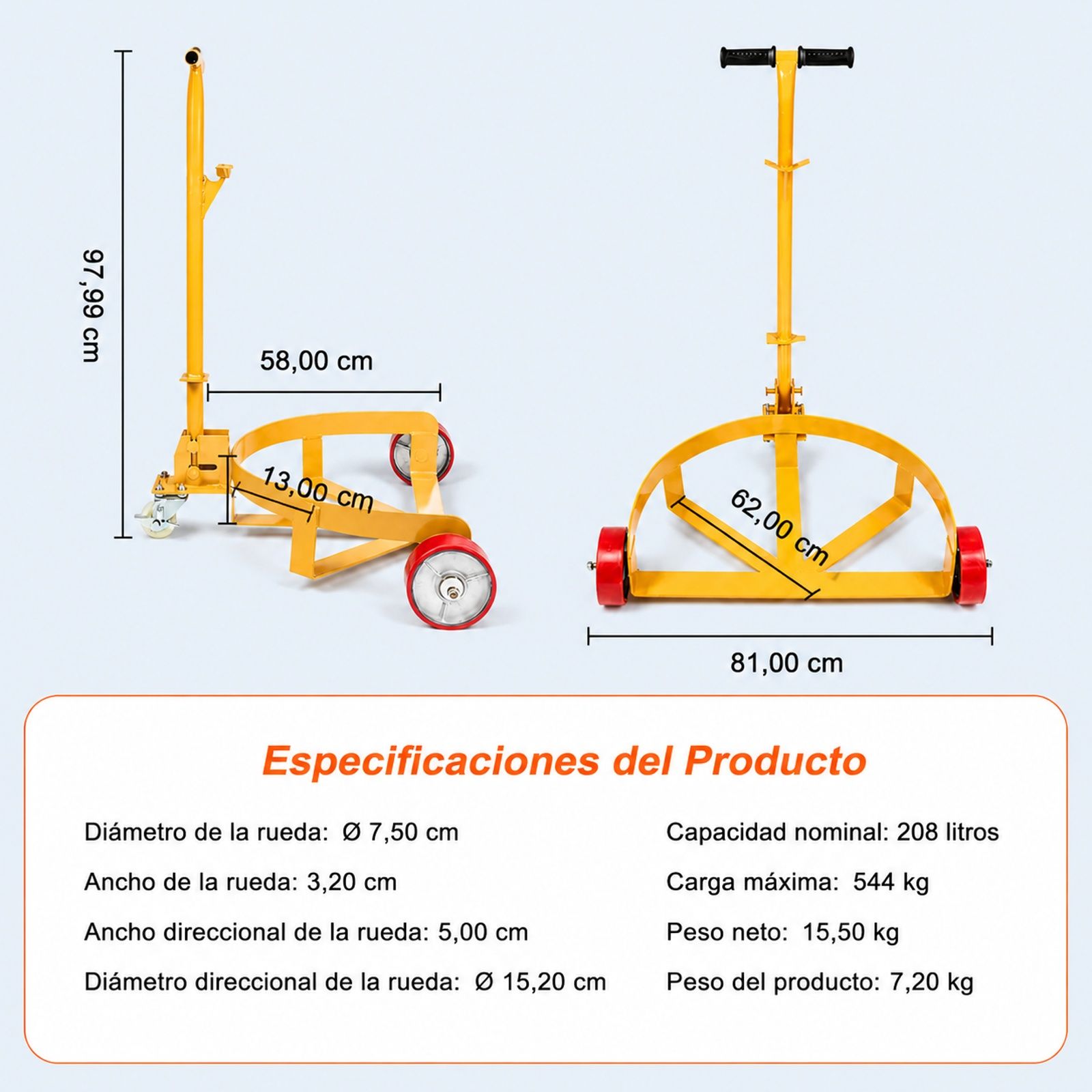 Carro portabidones 250 L, bastidor de acero, mango ajustable, 1 rueda giratoria, 2 ruedas guía, para taller almacén fábrica