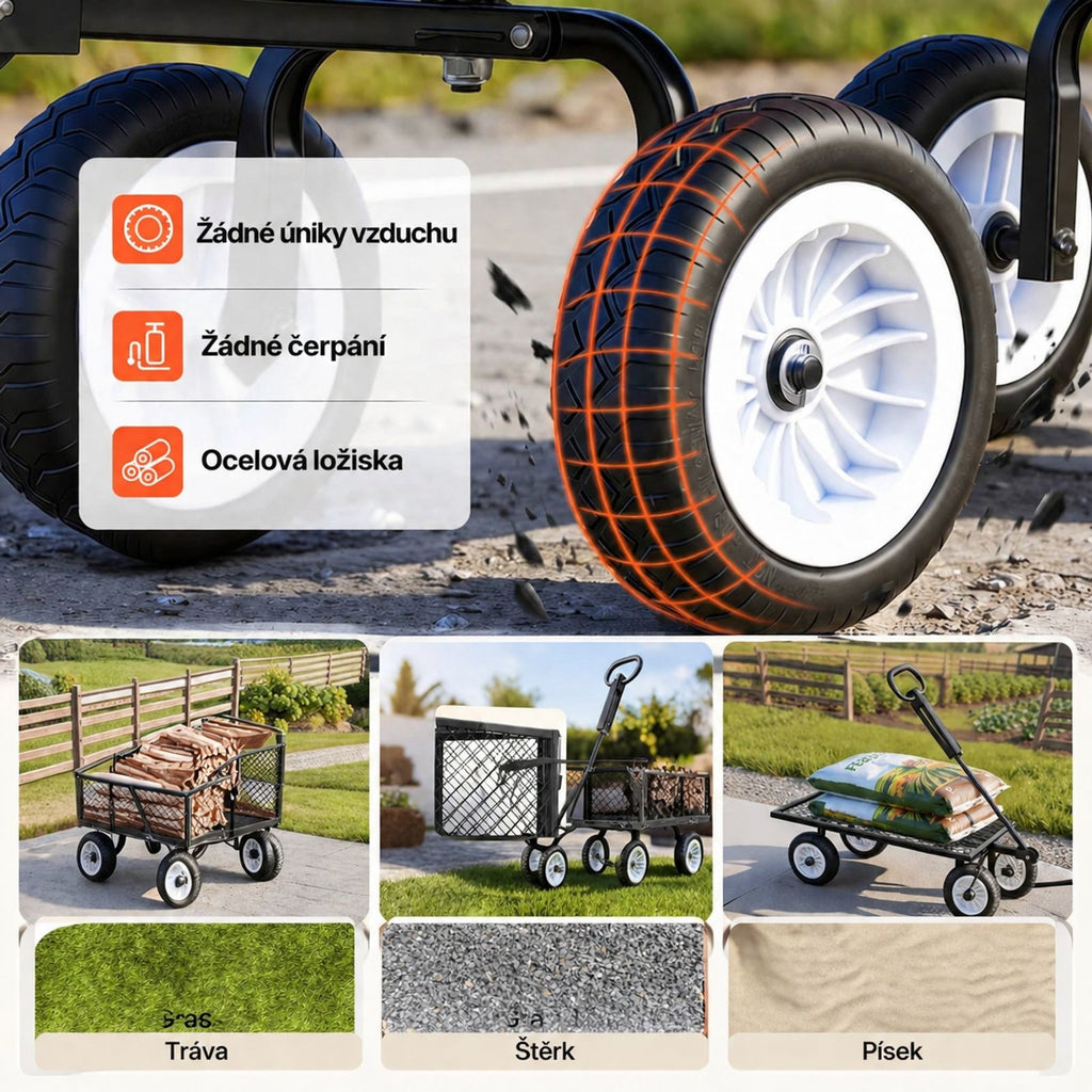 Steel garden cart, 900 lb load capacity, tires, adjustable handle, removable side panels, attachment to ATV or tractor, black