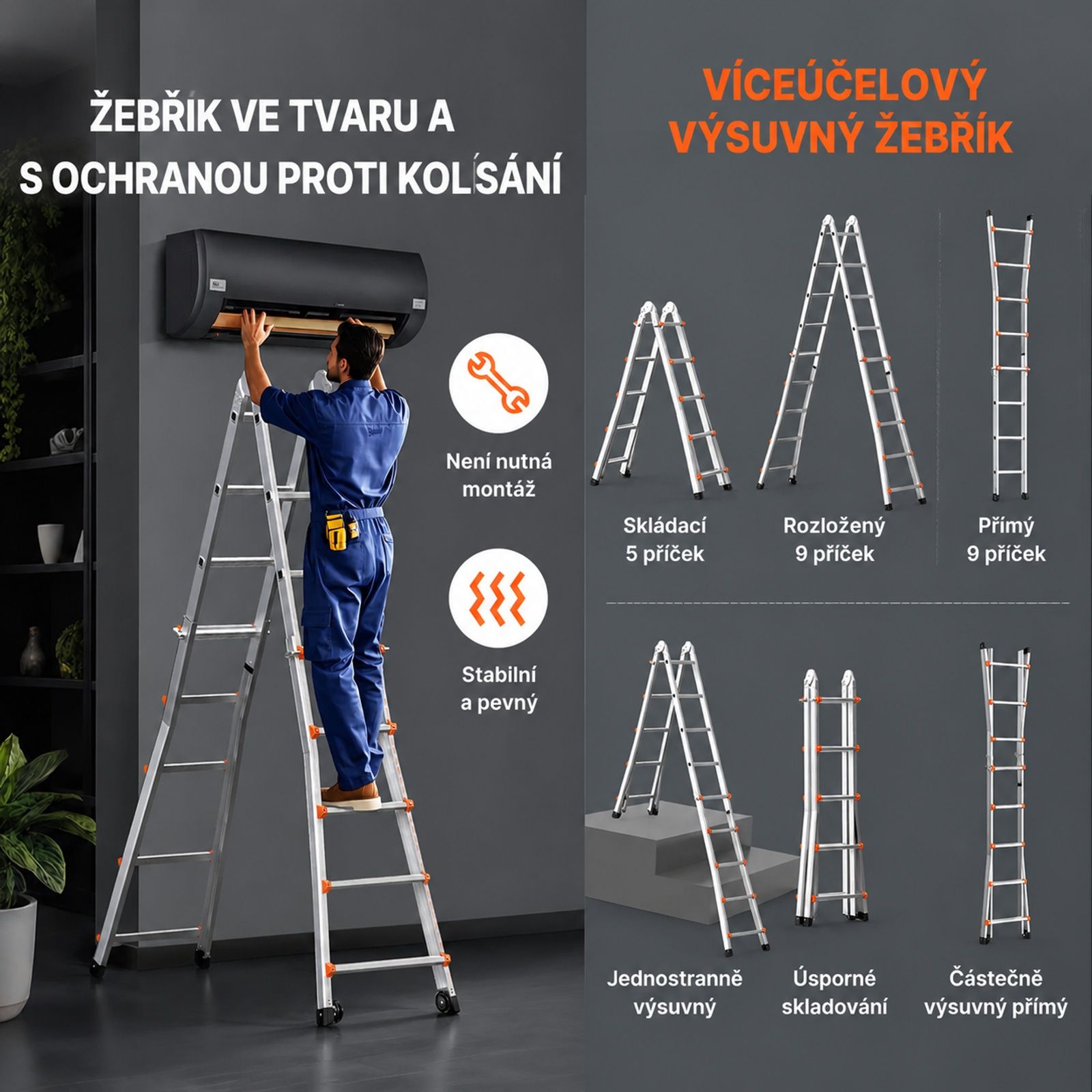 Teleskopický žebřík s rámem A, skládací hliníkové provedení pro dům a venkovní použití