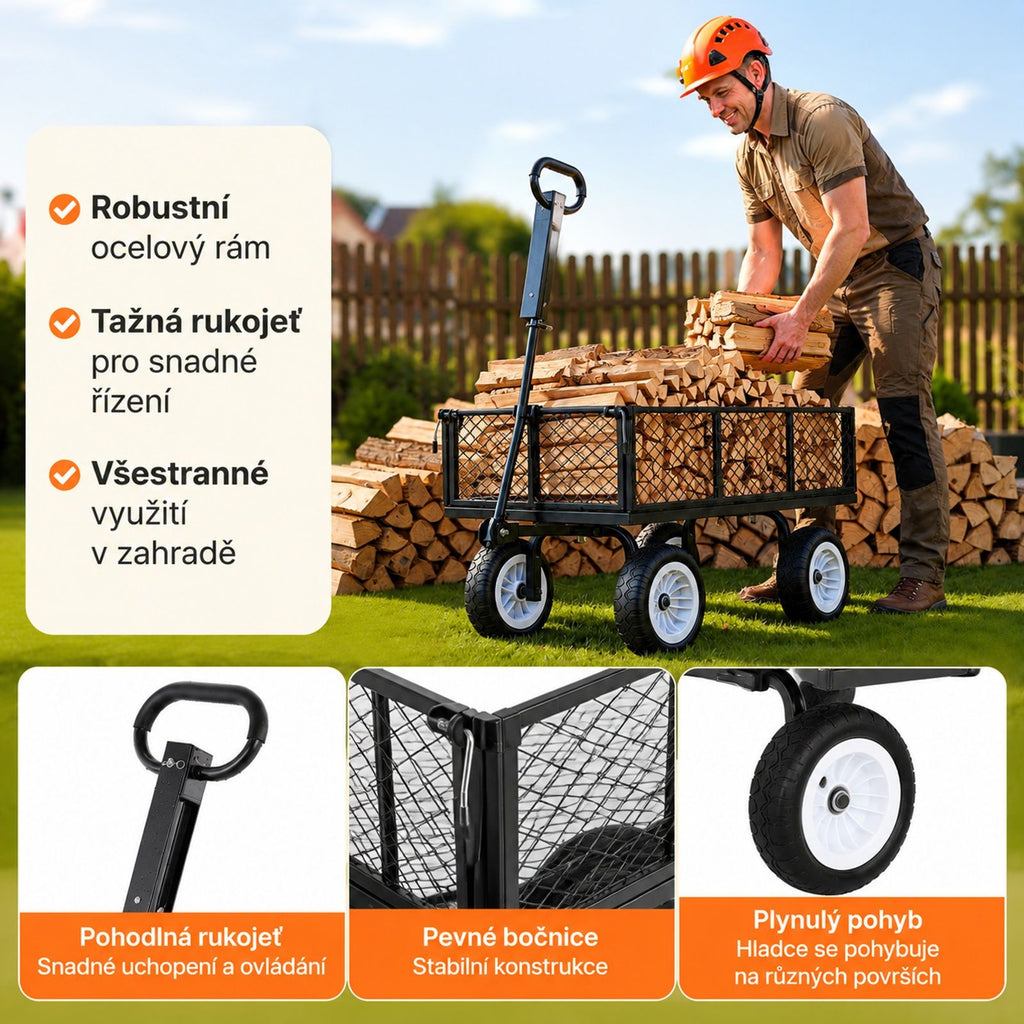 Steel garden cart, 900 lb load capacity, tires, adjustable handle, removable side panels, attachment to ATV or tractor, black