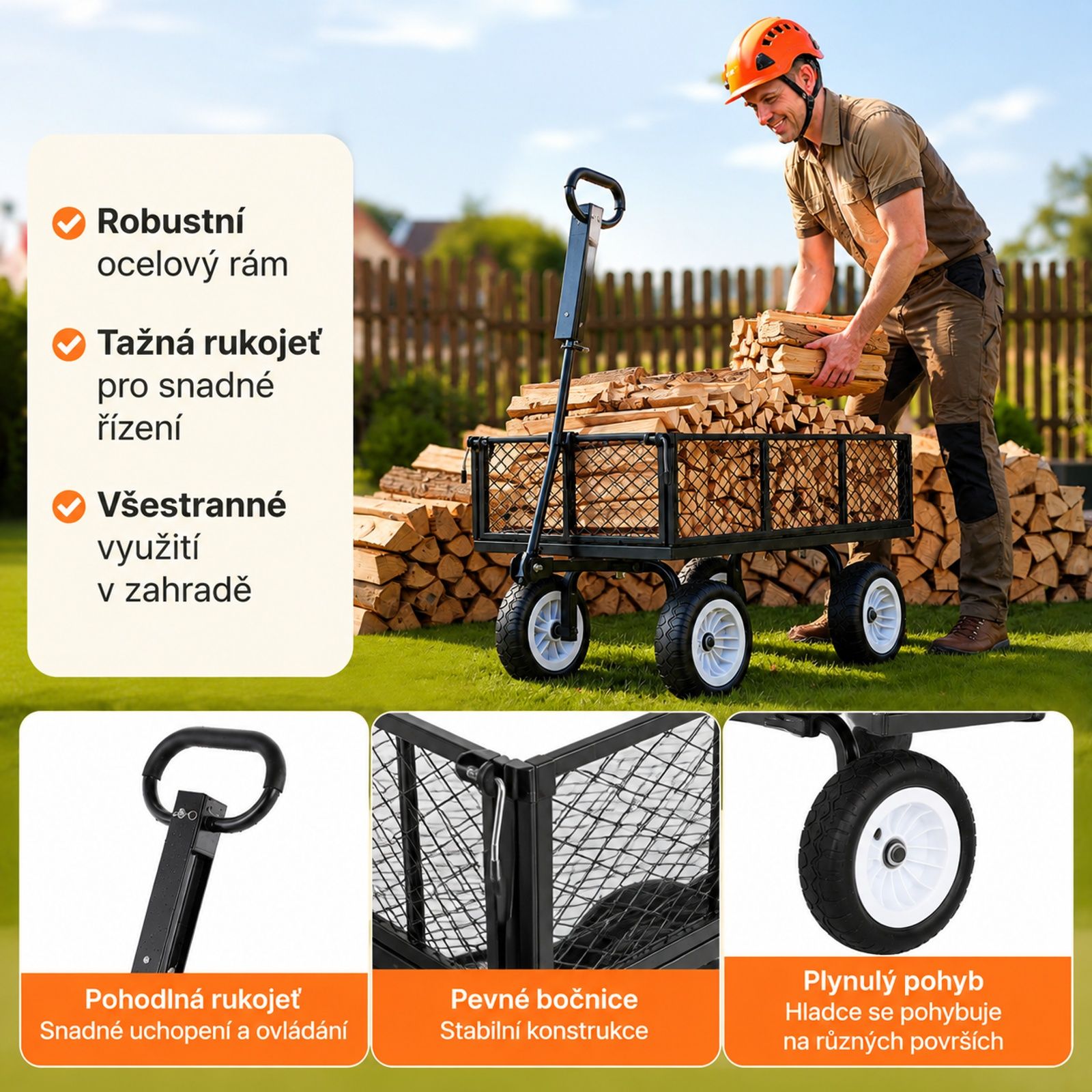 Steel garden cart, 900 lb load capacity, tires, adjustable handle, removable side panels, attachment to ATV or tractor, black