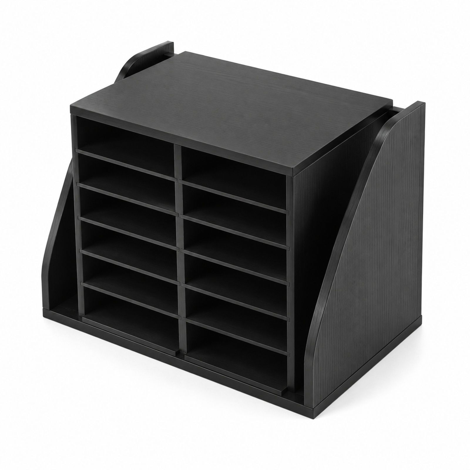 Black Particleboard Document Organizer with 12 Compartments and Vertical Folder Section for Office, Classroom, Books, Files and Paper