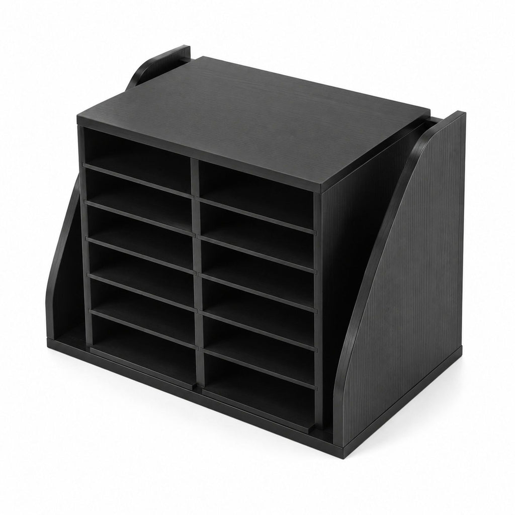 Black Particleboard Document Organizer with 12 Compartments and Vertical Folder Section for Office, Classroom, Books, Files and Paper
