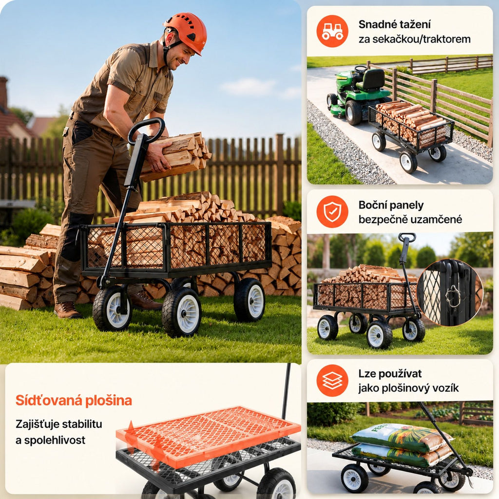 Steel garden cart, 900 lb load capacity, tires, adjustable handle, removable side panels, attachment to ATV or tractor, black