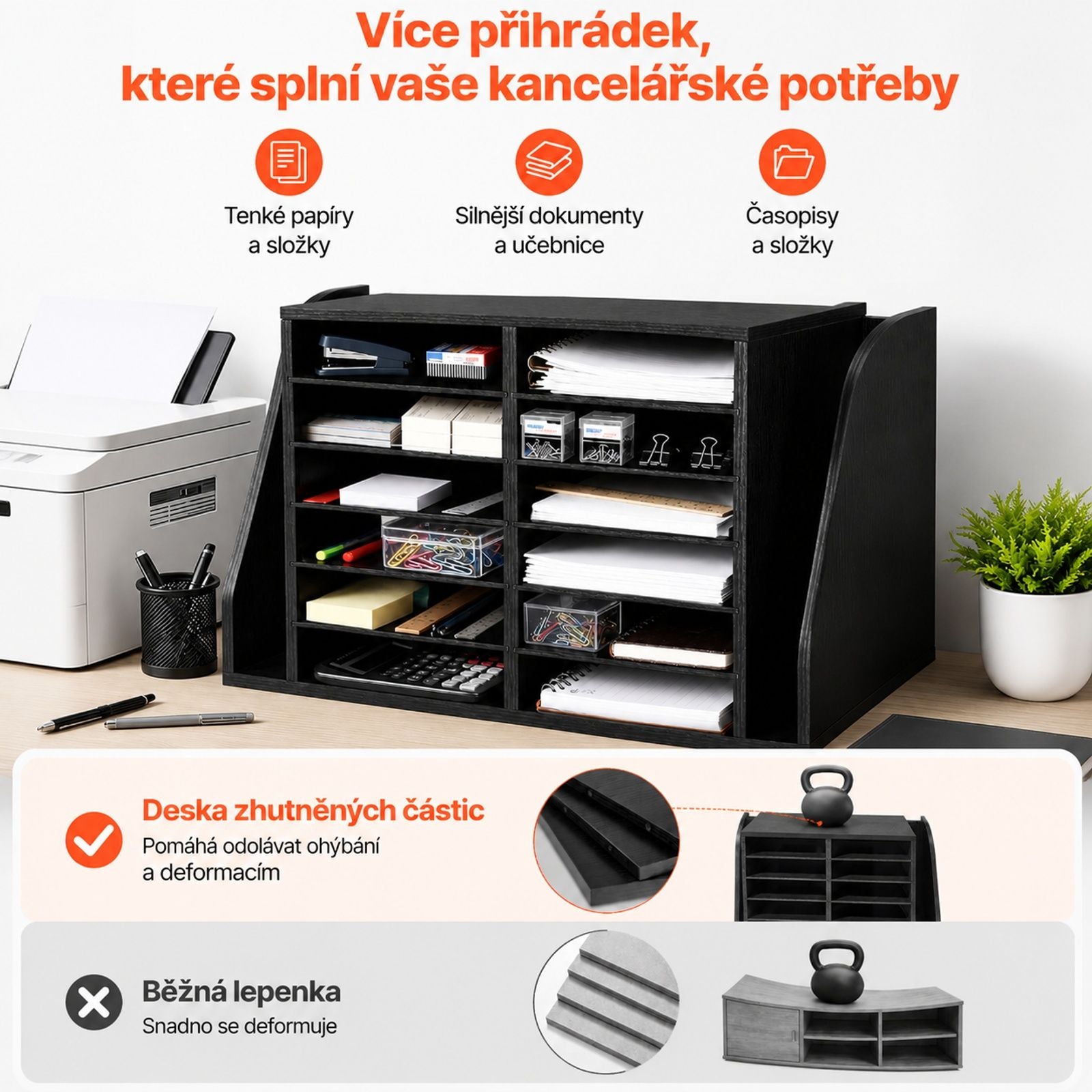 Black Particleboard Document Organizer with 12 Compartments and Vertical Folder Section for Office, Classroom, Books, Files and Paper