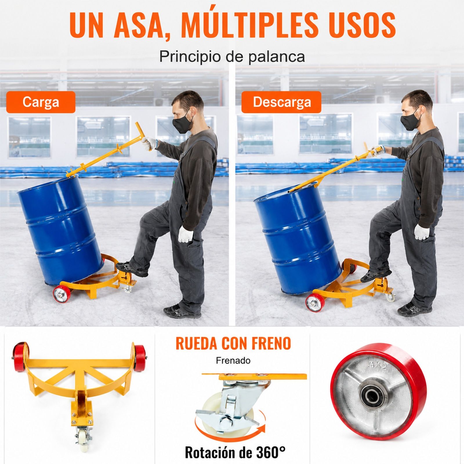 Carro portabidones 250 L, bastidor de acero, mango ajustable, 1 rueda giratoria, 2 ruedas guía, para taller almacén fábrica