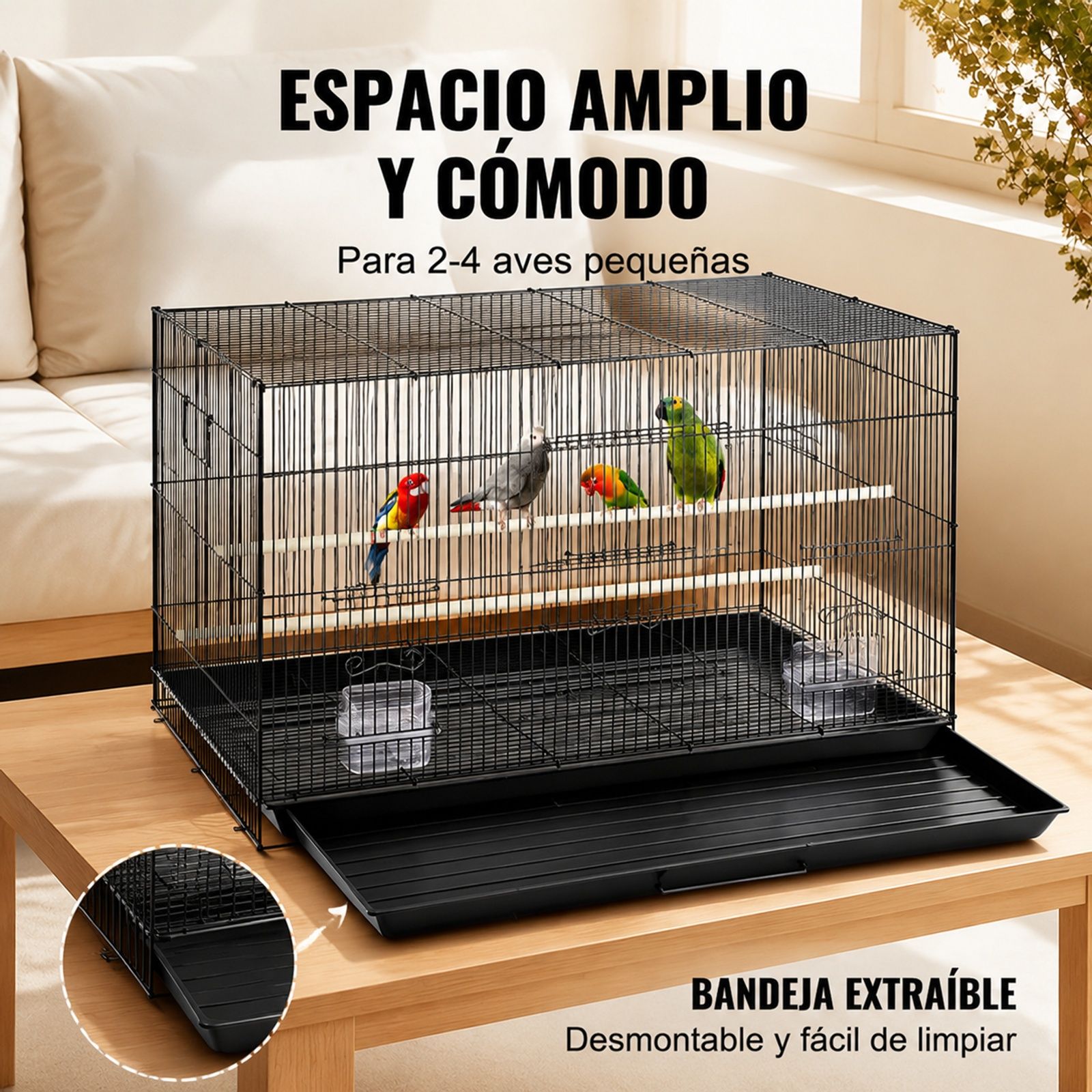Jaula de vuelo metálica para pájaros pequeños, cacatúas y loros con asa lateral, bandeja extraíble, perchas y comederos