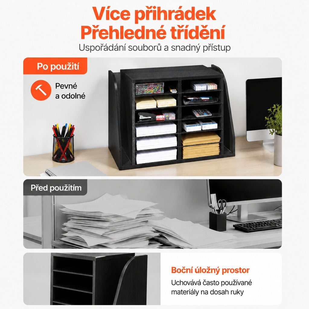 Black Particleboard Document Organizer with 12 Compartments and Vertical Folder Section for Office, Classroom, Books, Files and Paper