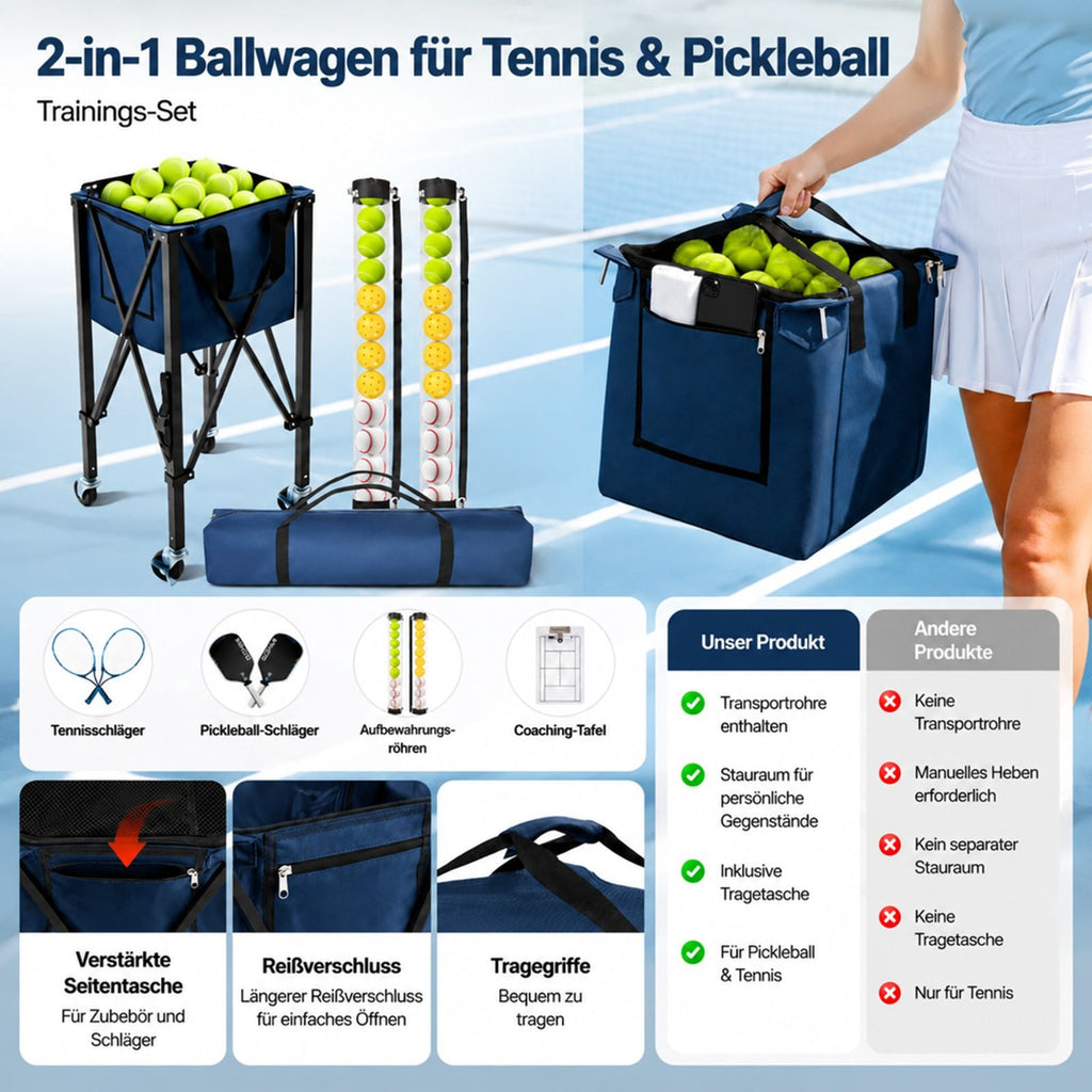 Faltbarer Tennis- und Pickleball-Wagen mit Rollen, 2-in-1 Korb, Fassungsvermogen fur 150 Tennisbaelle oder 260 Pickleballs, Sammelrohr