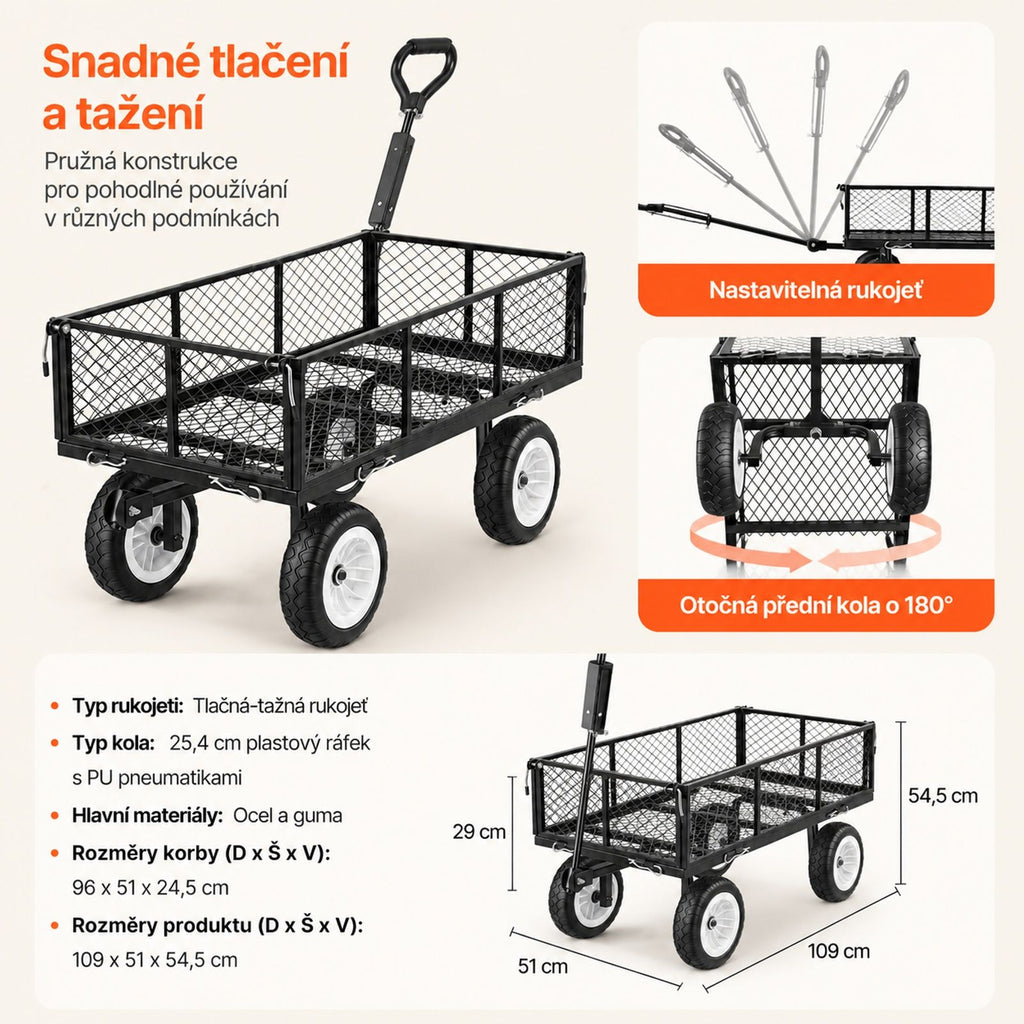 Steel garden cart, 900 lb load capacity, tires, adjustable handle, removable side panels, attachment to ATV or tractor, black