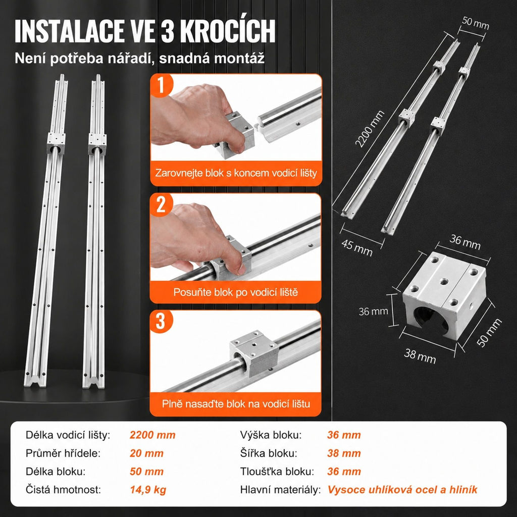 Linear guide rail set with 2 rails and 4 slide blocks, for automated machines, CNC router and 3D printer