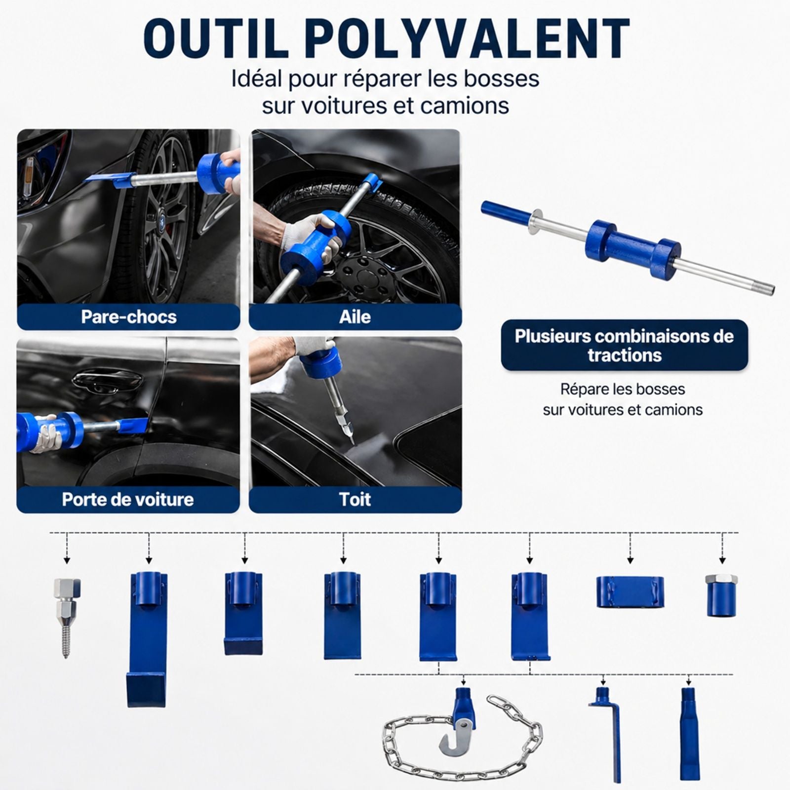 Kit de débosselage pour carrosserie avec marteau à inertie 5,9 kg
