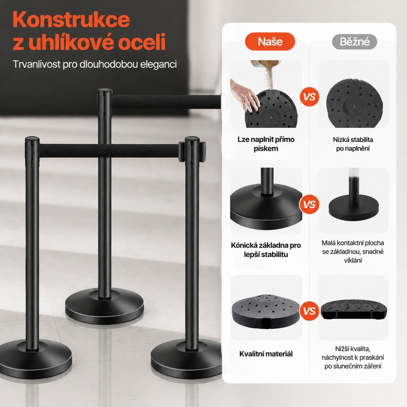Set of 4 Black Queue Stanchions, Each with One Retractable Belt and Hollow Base for Sand Filling