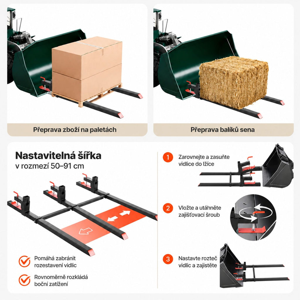 Clamp-On Pallet Forks with Adjustable Stabilizer Bar for Tractor Attachments, Loader Bucket and Skid Steer, Black