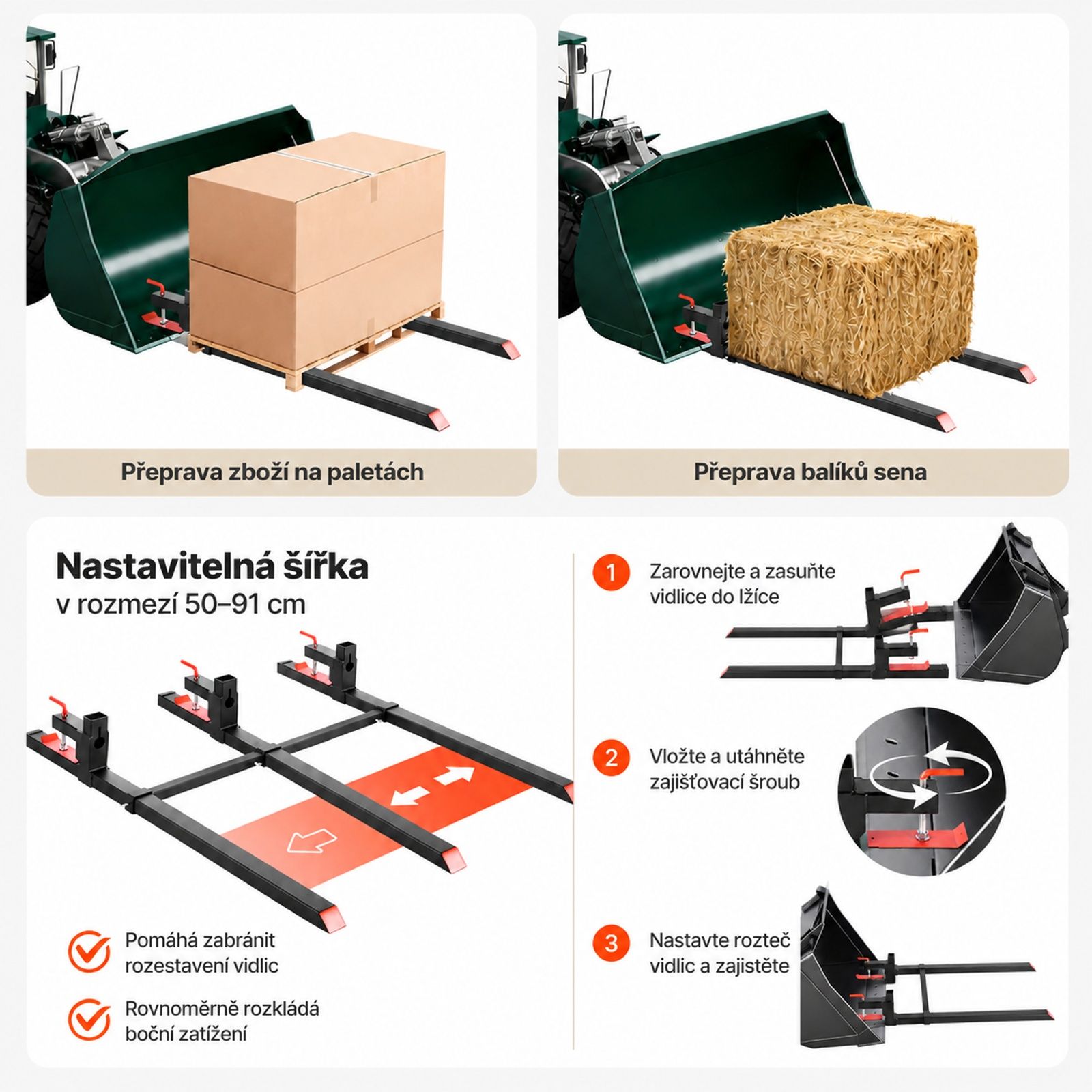Clamp-On Pallet Forks with Adjustable Stabilizer Bar for Tractor Attachments, Loader Bucket and Skid Steer, Black