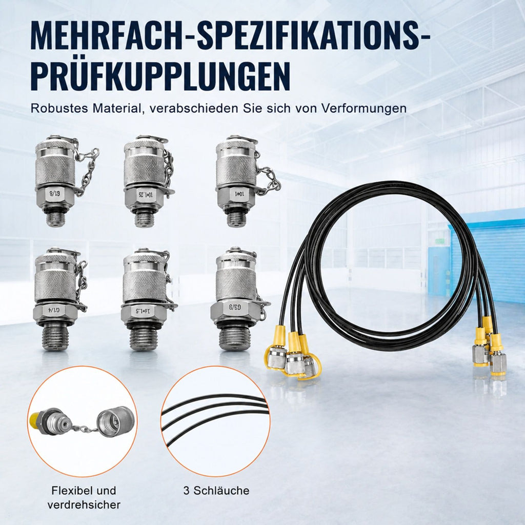 Hydraulikdruck Prüfset, 3 Manometer, 6 Testkupplungen, 3 Schläuche, Tragetasche, für Bagger Traktoren und Baumaschinen