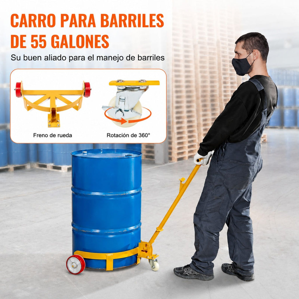 Carro portabidones 250 L, bastidor de acero, mango ajustable, 1 rueda giratoria, 2 ruedas guía, para taller almacén fábrica
