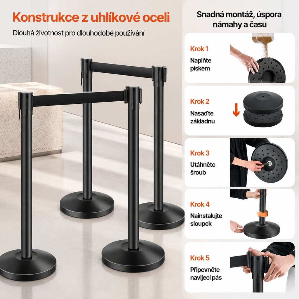 Set of 4 Black Queue Stanchions, Each with One Retractable Belt and Hollow Base for Sand Filling