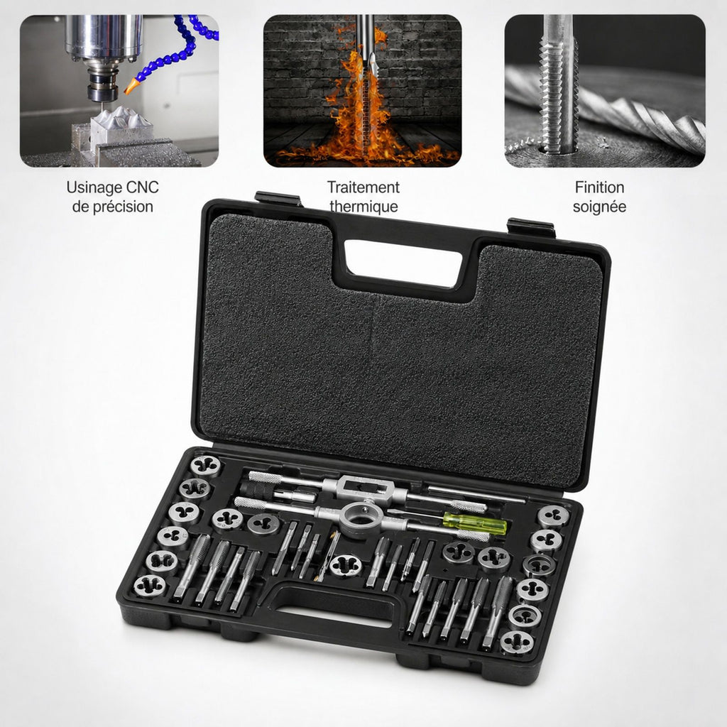 Coffret de tarauds et filières 40 pièces en acier, kit métrique pour taraudage et filetage avec mallette de transport, pour construction, réparation auto et plomberie