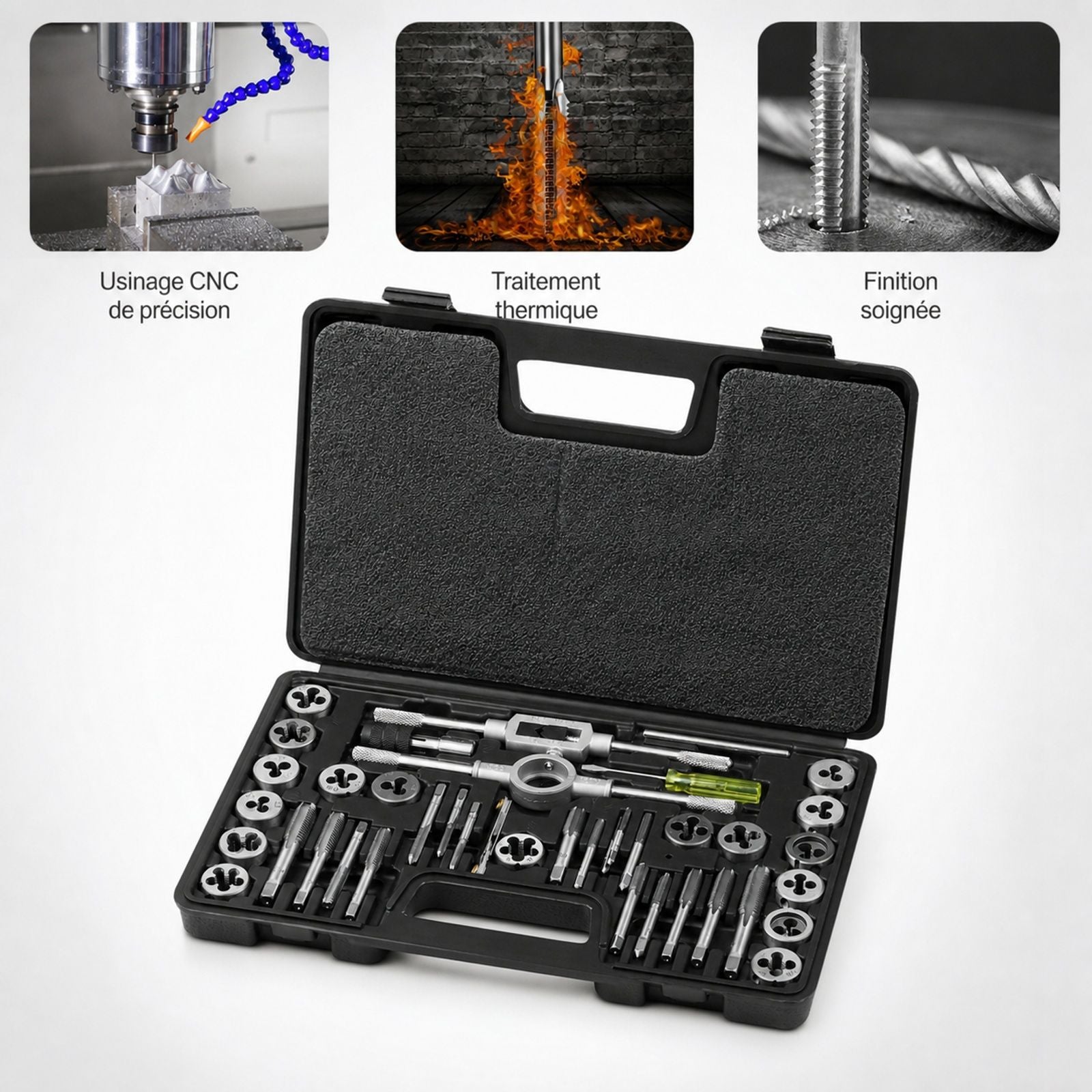 Coffret de tarauds et filières 40 pièces en acier, kit métrique pour taraudage et filetage avec mallette de transport, pour construction, réparation auto et plomberie