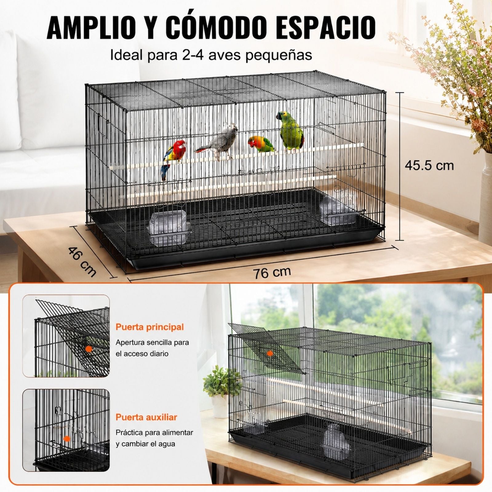 Jaula de vuelo metálica para pájaros pequeños, cacatúas y loros con asa lateral, bandeja extraíble, perchas y comederos