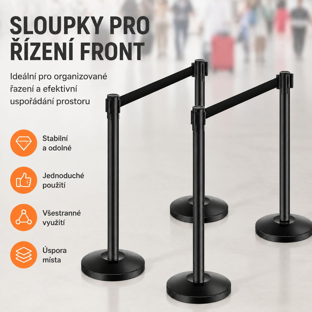 Set of 4 Black Queue Stanchions, Each with One Retractable Belt and Hollow Base for Sand Filling