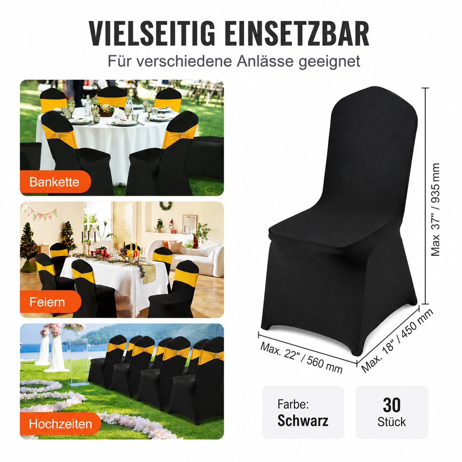30 Stück schwarze Stretch-Spandex-Hussen für Klappstühle, abnehmbare Stuhlbezüge für Hochzeit, Bankett, Party und Esszimmer