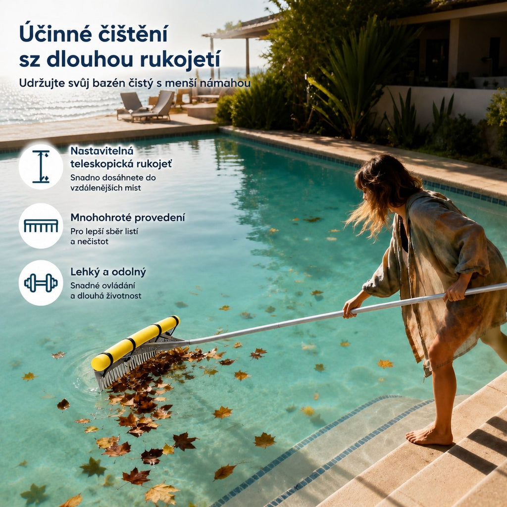 Hliníkový zahradní hrábě s širokou hlavou, dlouhou rukojetí a lanem, vhodné pro půdu, štěrk, zahradu, dvůr, rybník, pláž a trávník