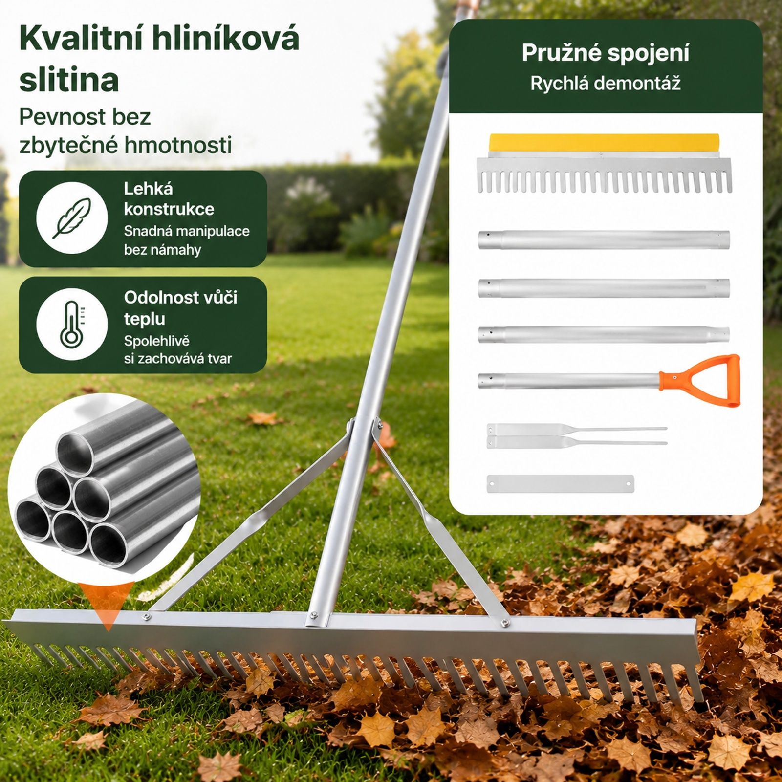 Hliníkový zahradní hrábě s širokou hlavou, dlouhou rukojetí a lanem, vhodné pro půdu, štěrk, zahradu, dvůr, rybník, pláž a trávník