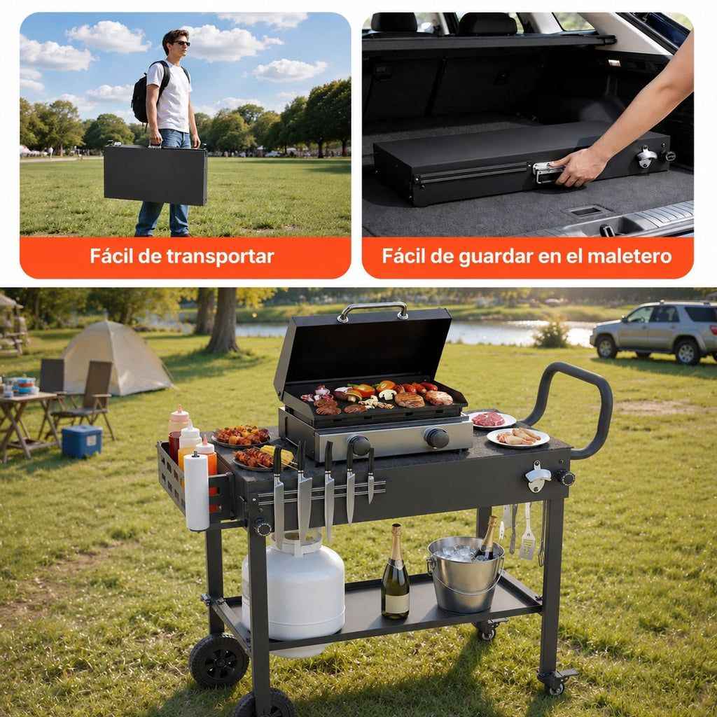 Carrito de barbacoa plegable con ruedas, portarrollos y soporte magnético para herramientas, para jardín, picnic o cocina