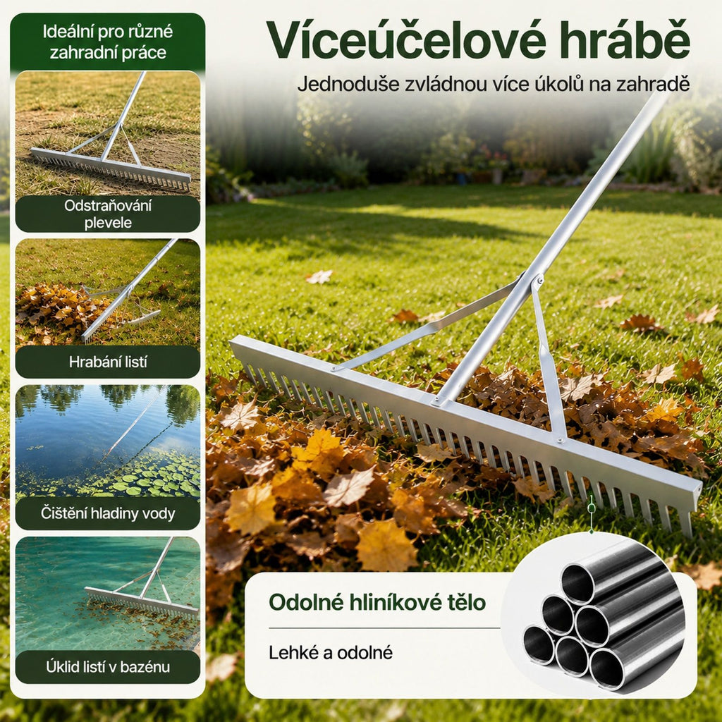 Hliníkový zahradní hrábě s širokou hlavou, dlouhou rukojetí a lanem, vhodné pro půdu, štěrk, zahradu, dvůr, rybník, pláž a trávník