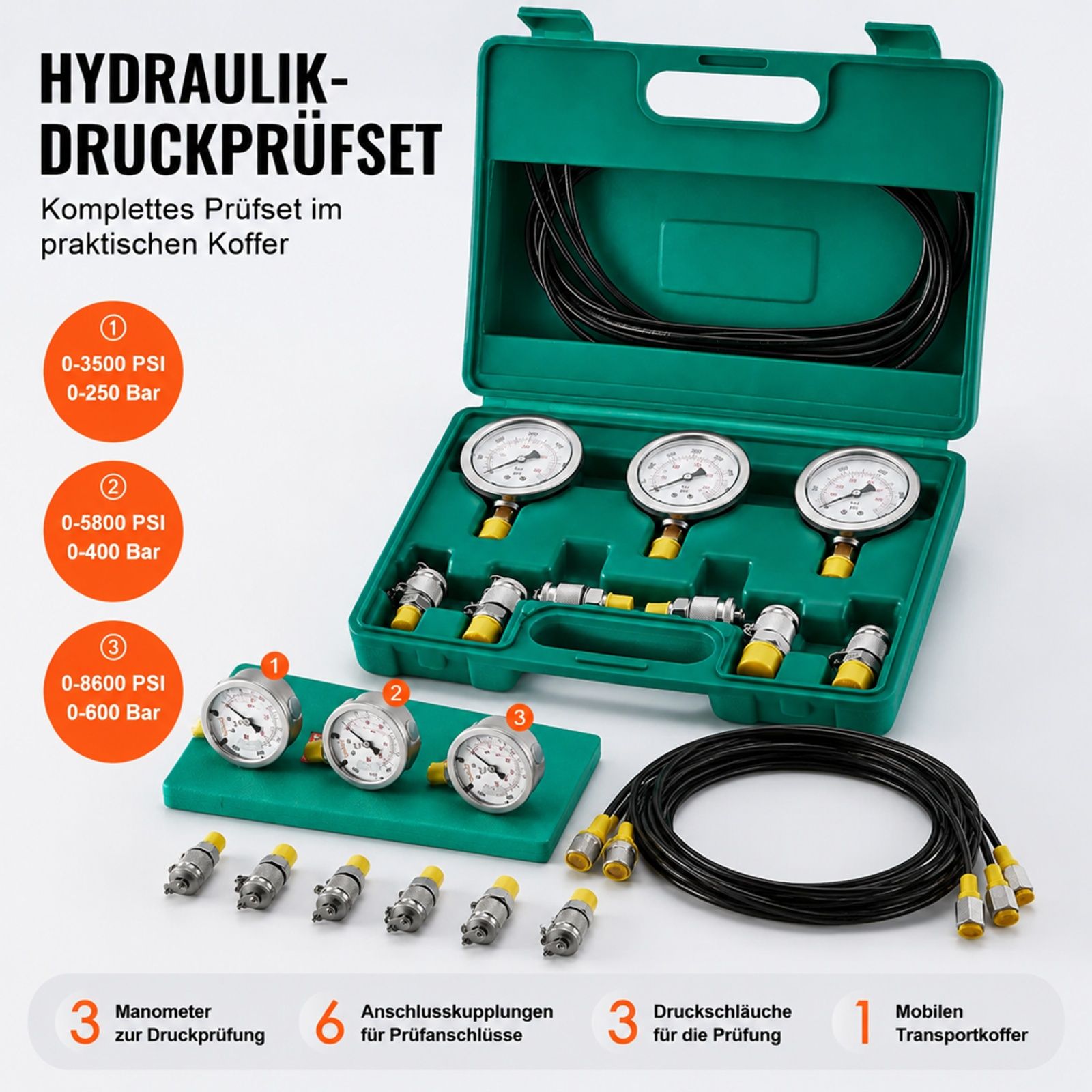 Hydraulikdruck Prüfset, 3 Manometer, 6 Testkupplungen, 3 Schläuche, Tragetasche, für Bagger Traktoren und Baumaschinen