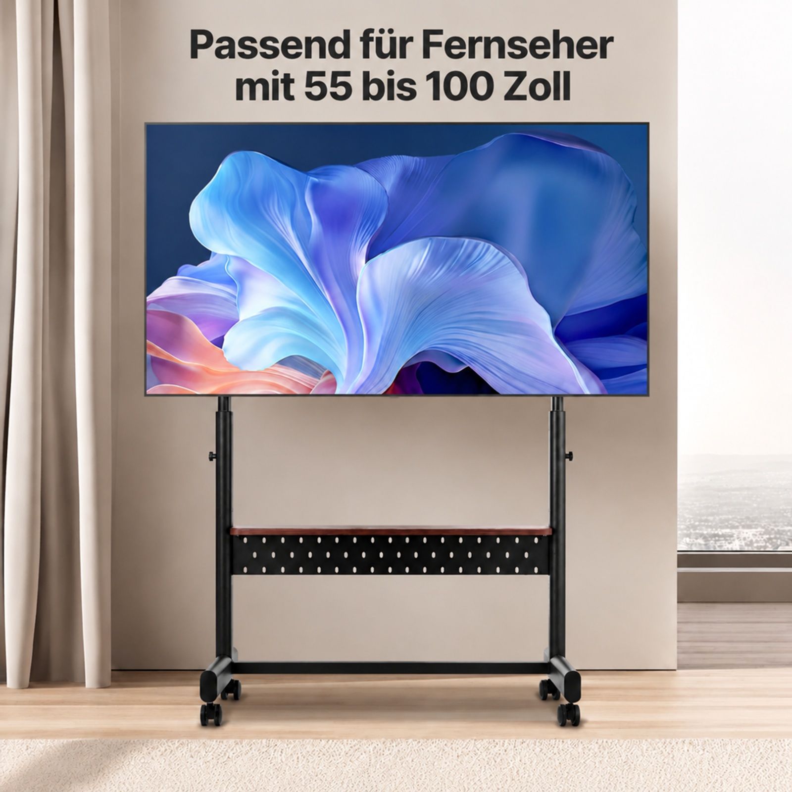TV Rollständer, mobiler Fernsehwagen für Flachbildschirm mit Ablage, Wohnzimmer Büro Konferenzraum