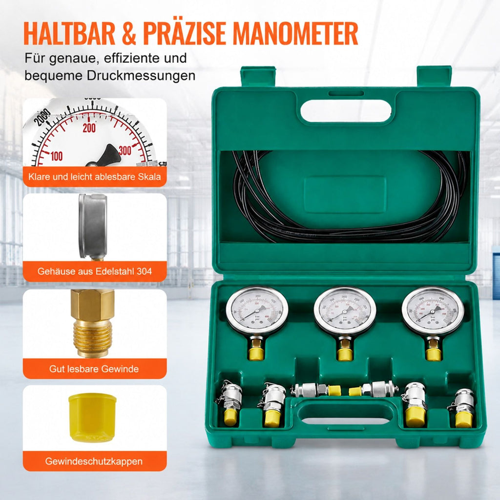 Hydraulikdruck Prüfset, 3 Manometer, 6 Testkupplungen, 3 Schläuche, Tragetasche, für Bagger Traktoren und Baumaschinen