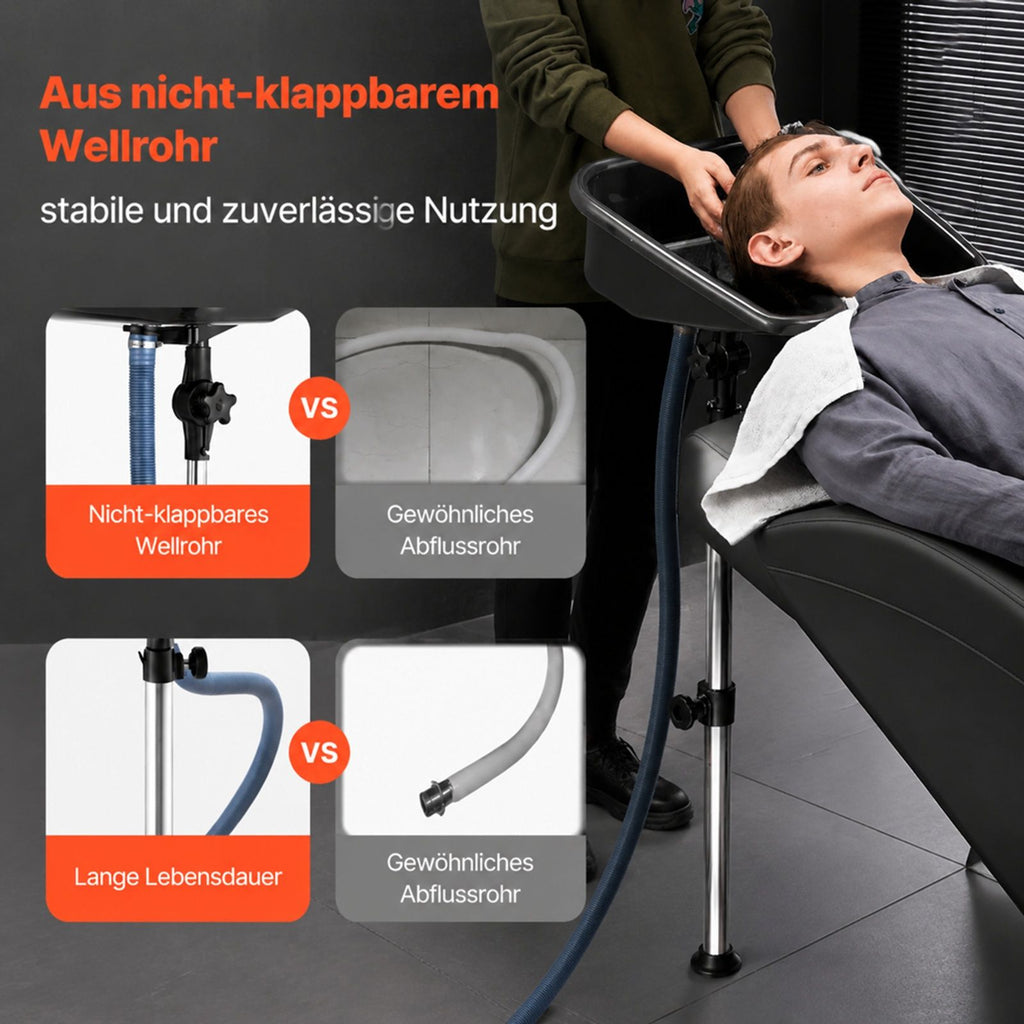 Mobiles Haarwaschbecken mit Standfuß, höhen- und winkelverstellbar, Ablaufschlauch für Friseursalon und Barbershop