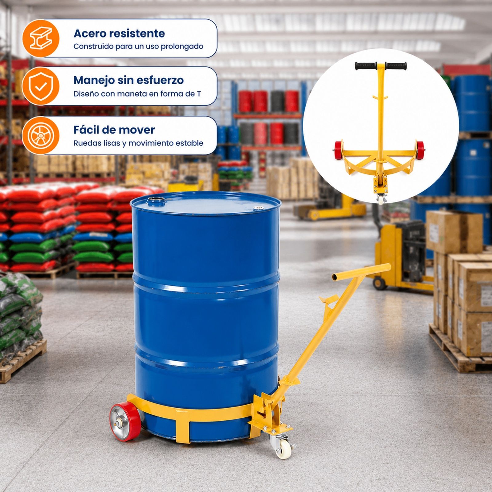 Carro portabidones 250 L, bastidor de acero, mango ajustable, 1 rueda giratoria, 2 ruedas guía, para taller almacén fábrica