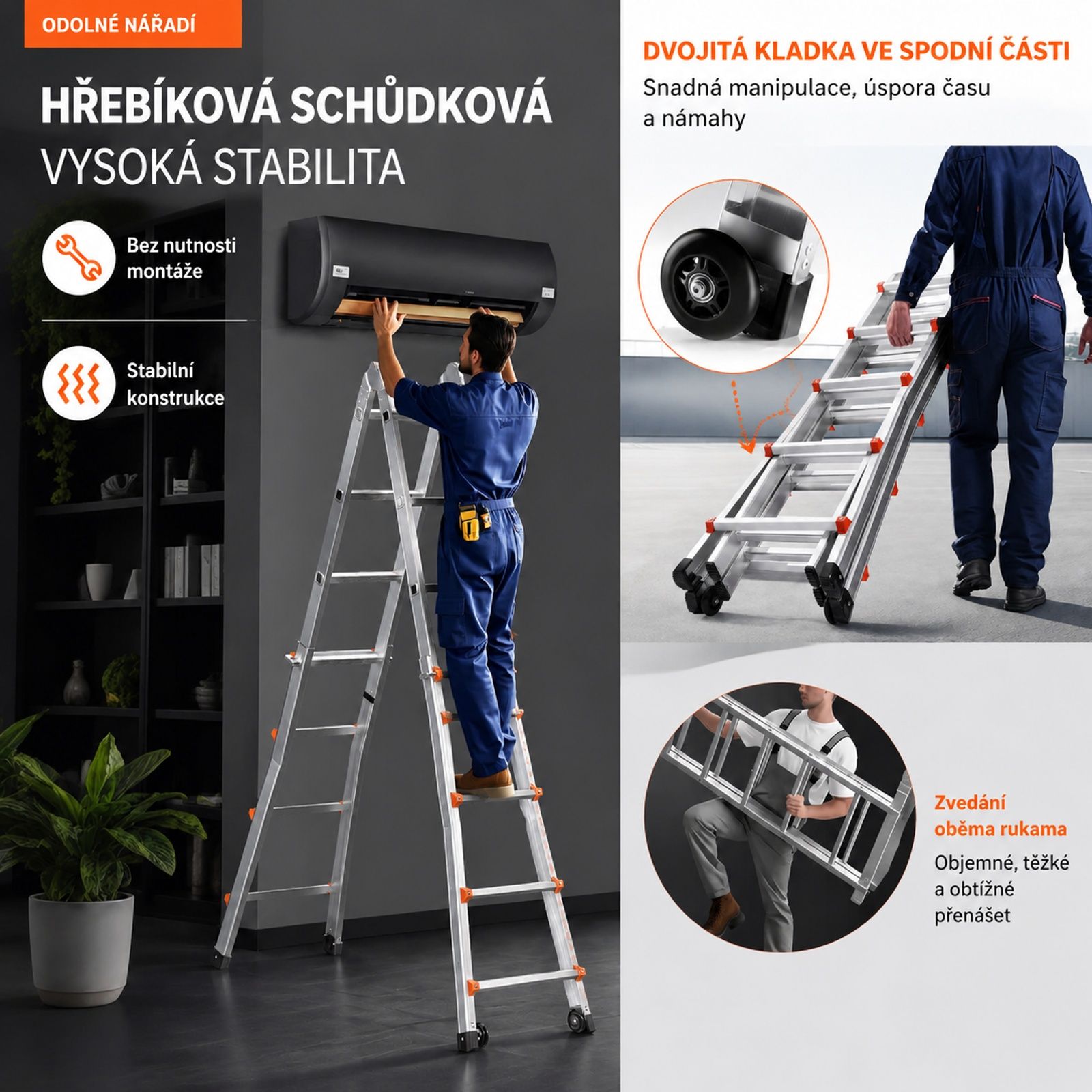 Teleskopický žebřík s rámem A, skládací hliníkové provedení pro dům a venkovní použití