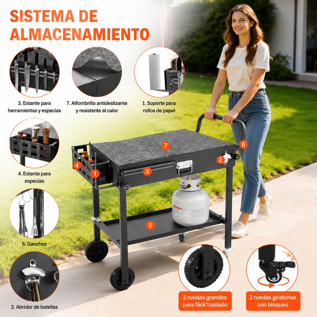 Carrito de barbacoa plegable con ruedas, portarrollos y soporte magnético para herramientas, para jardín, picnic o cocina