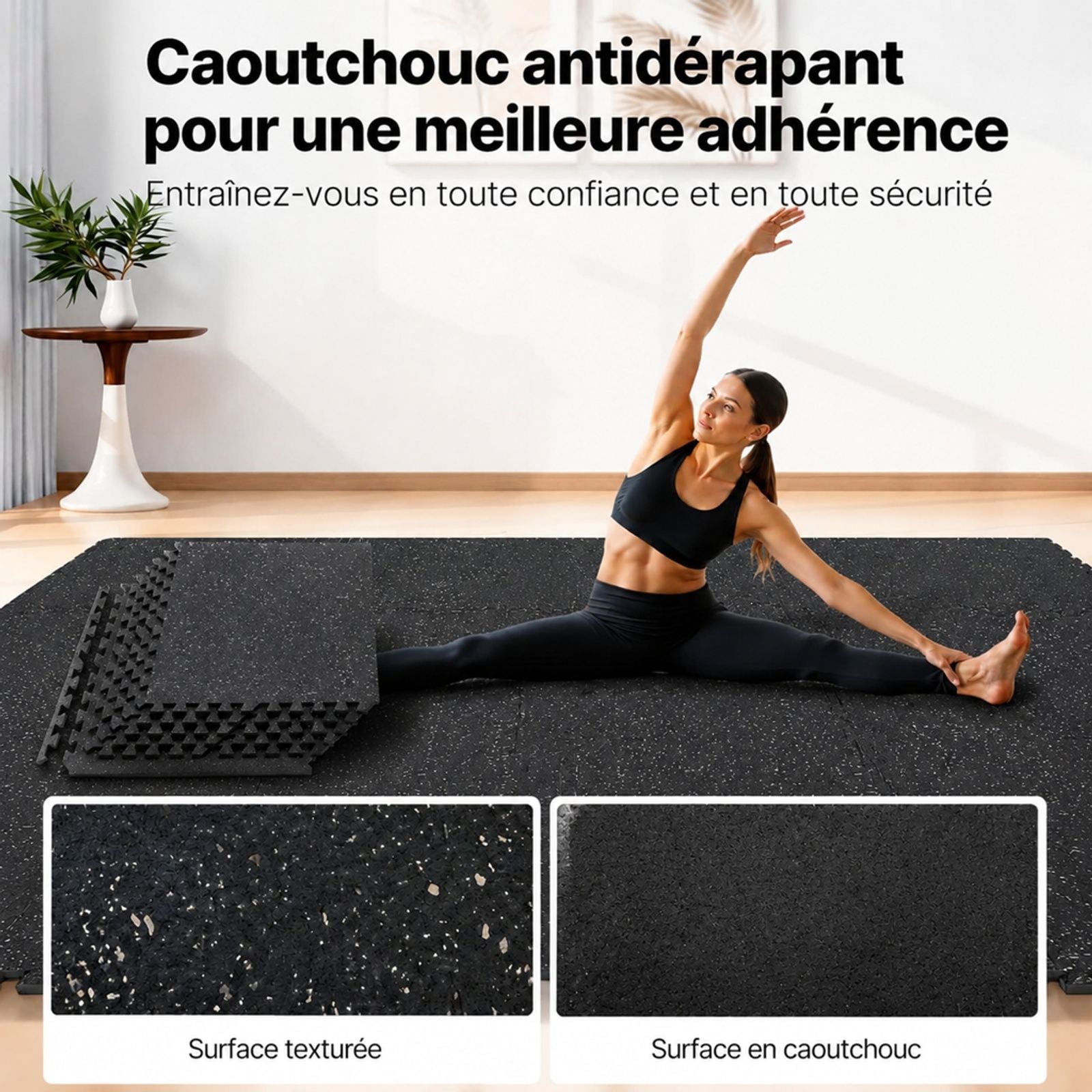 6 pièces Tapis puzzle fitness en mousse EVA, noir à pois gris, emboîtable, pour salle de sport, maison, bureau