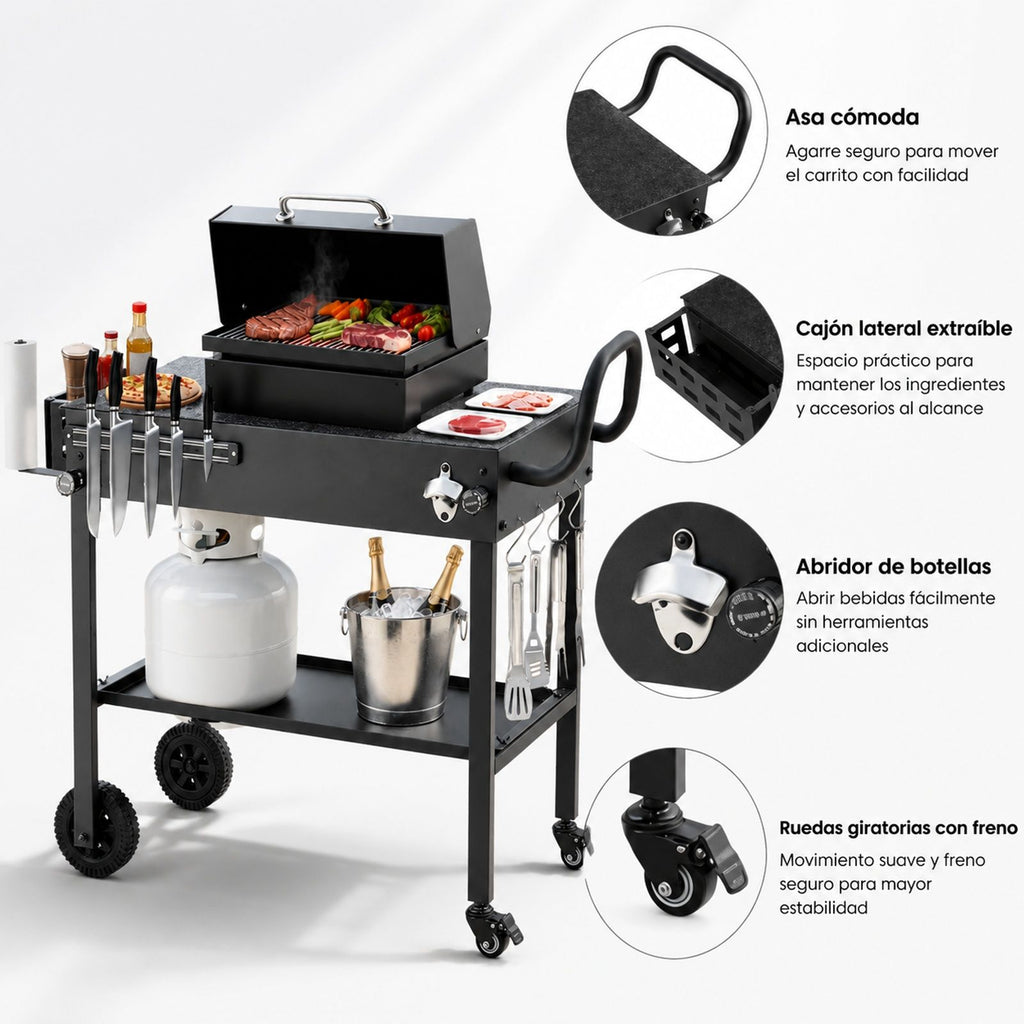 Carrito de barbacoa plegable con ruedas, portarrollos y soporte magnético para herramientas, para jardín, picnic o cocina