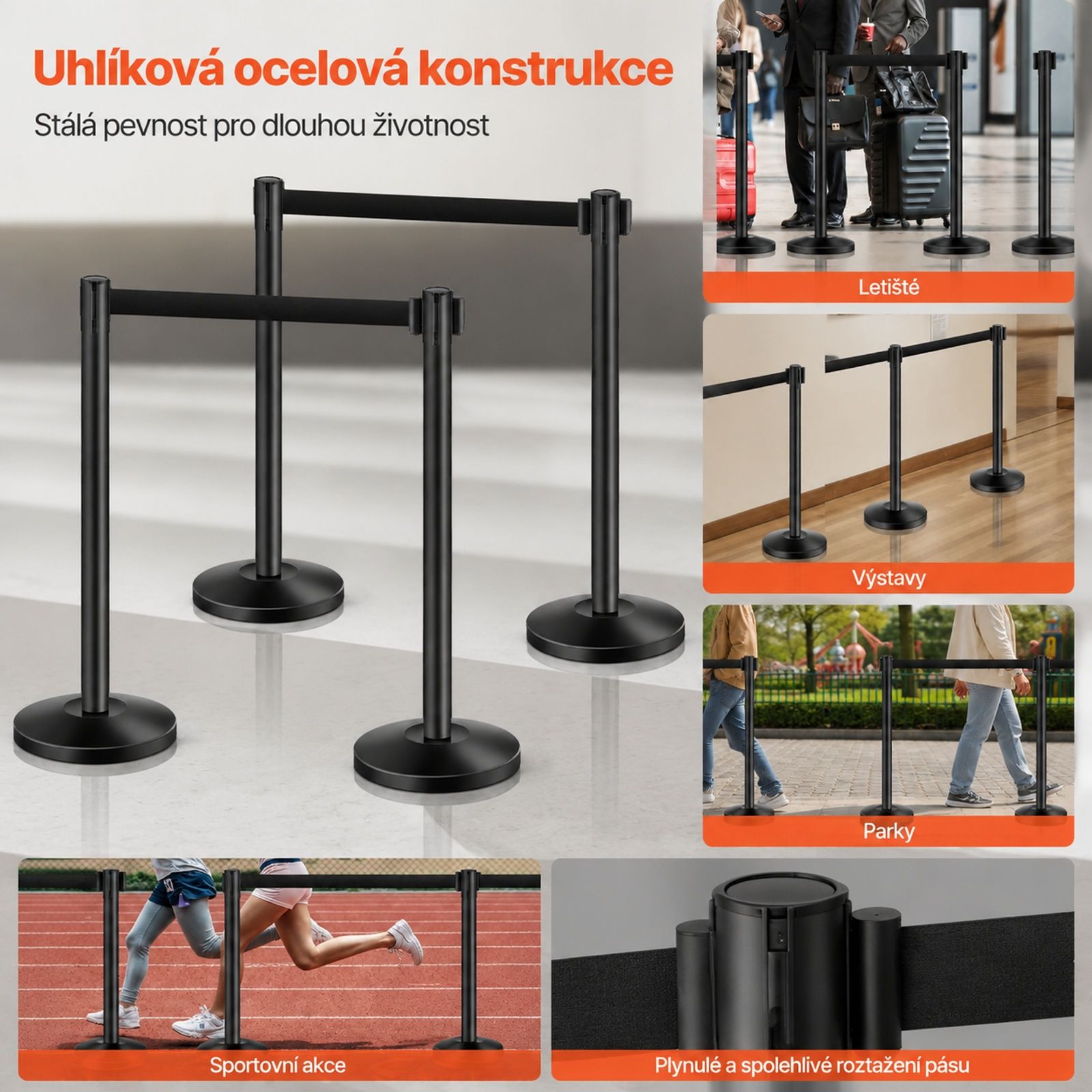 Set of 4 Black Queue Stanchions, Each with One Retractable Belt and Hollow Base for Sand Filling