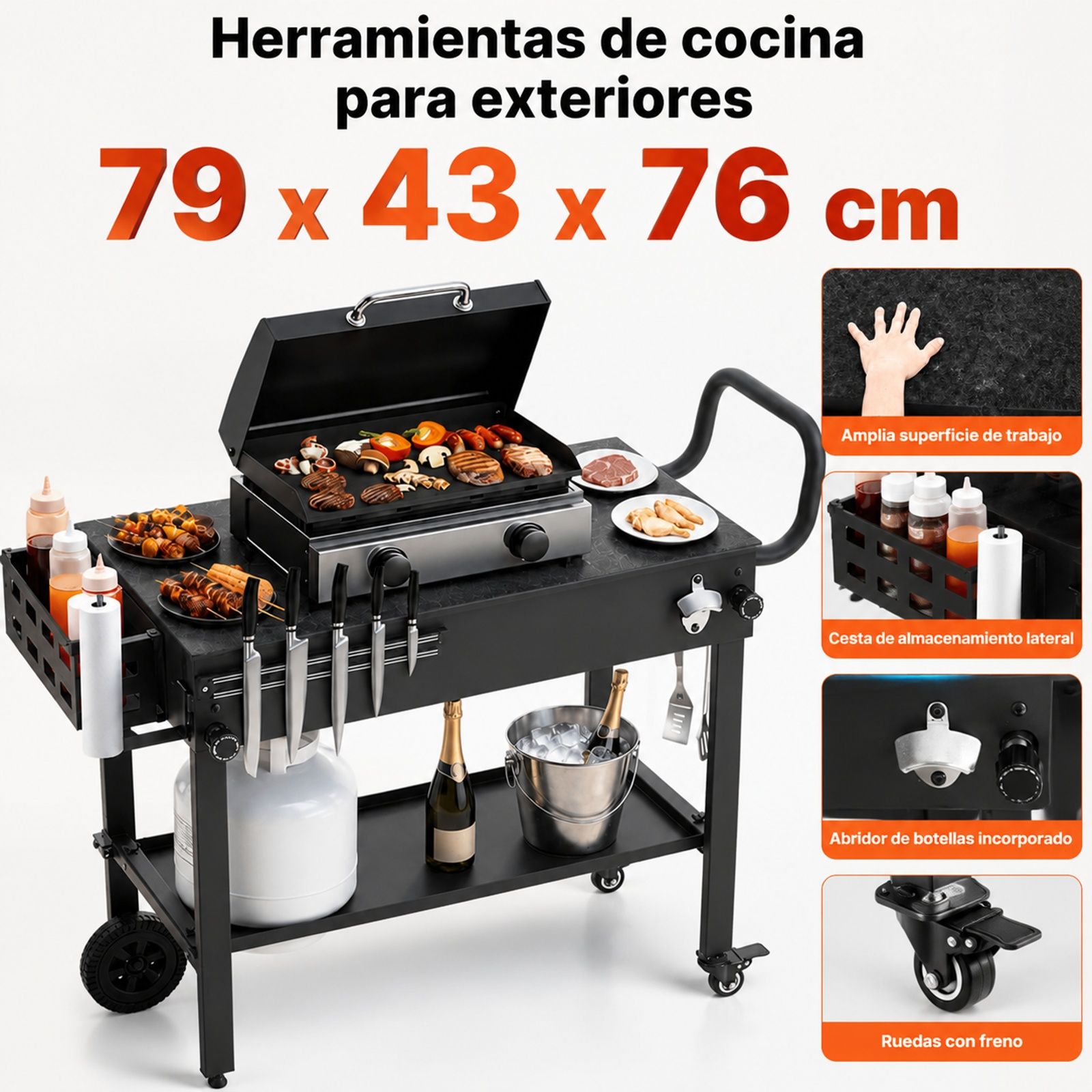 Carrito de barbacoa plegable con ruedas, portarrollos y soporte magnético para herramientas, para jardín, picnic o cocina